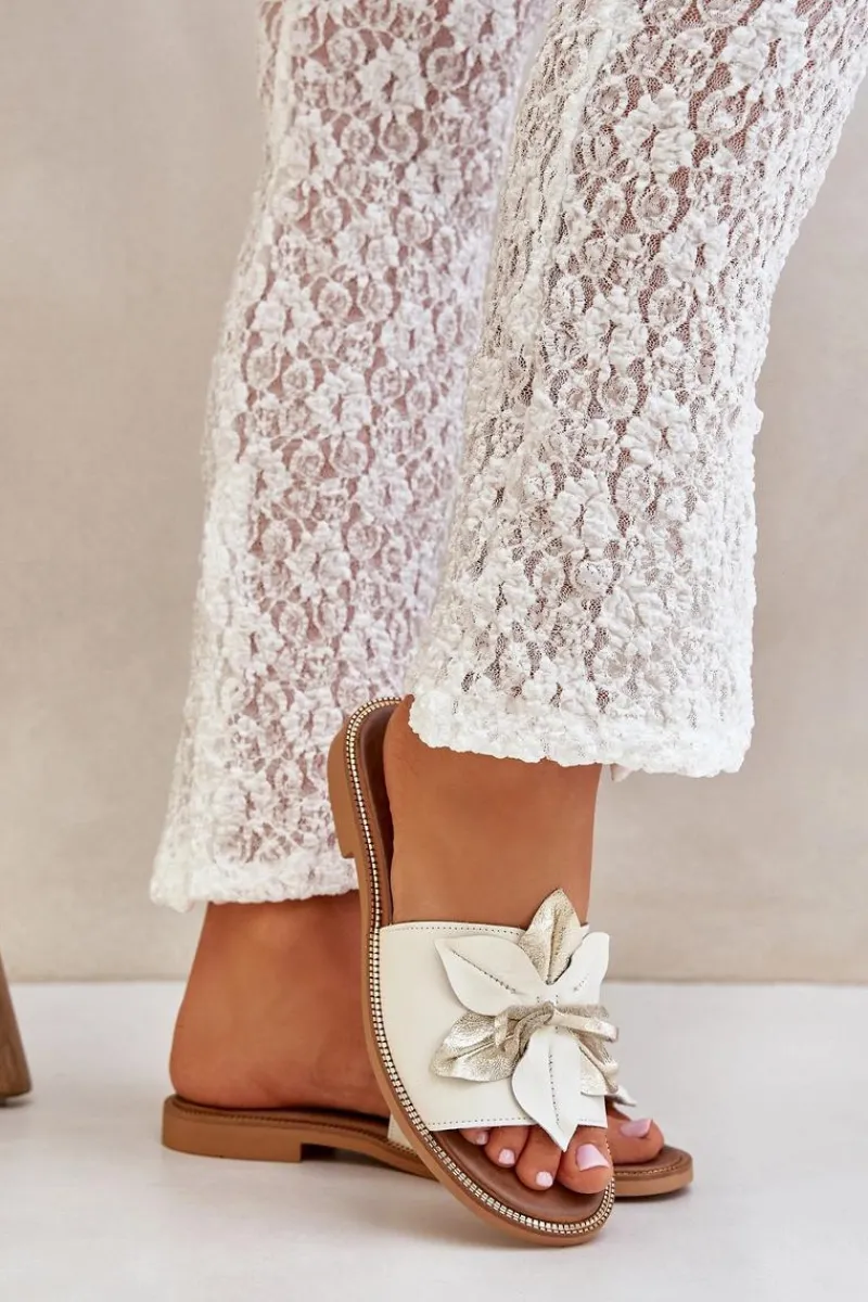 Klapki Damskie Klasyczne>Boto Klapki Z Ozdobą Skóra Naturalna Zazoo 3667 Białe Biały