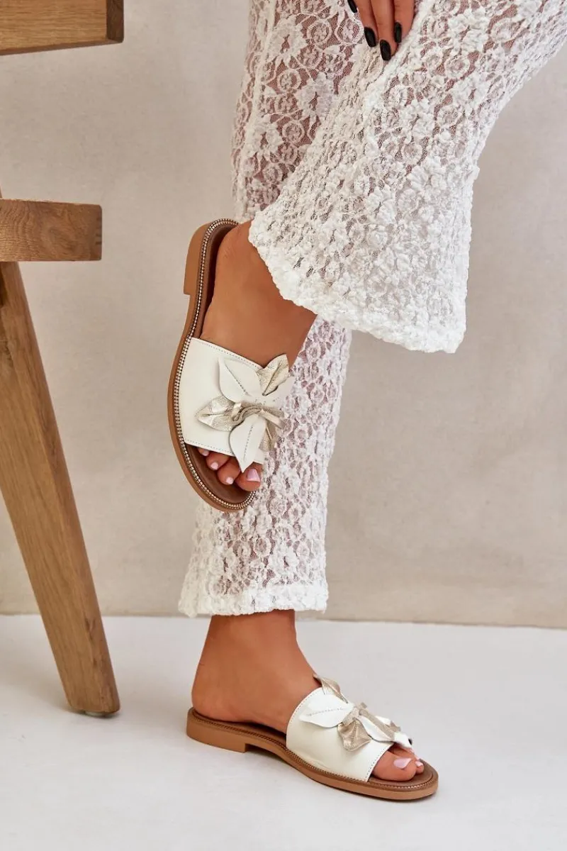 Klapki Damskie Klasyczne>Boto Klapki Z Ozdobą Skóra Naturalna Zazoo 3667 Białe Biały