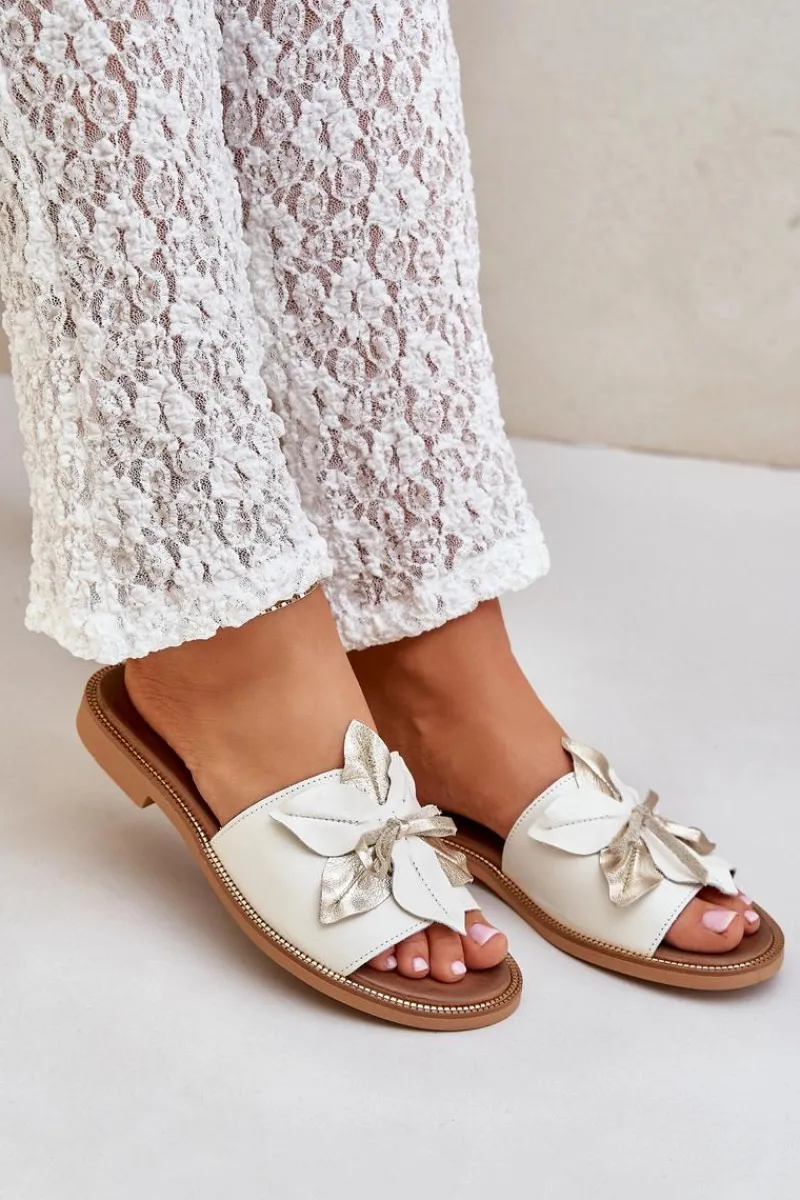 Klapki Damskie Klasyczne>Boto Klapki Z Ozdobą Skóra Naturalna Zazoo 3667 Białe Biały