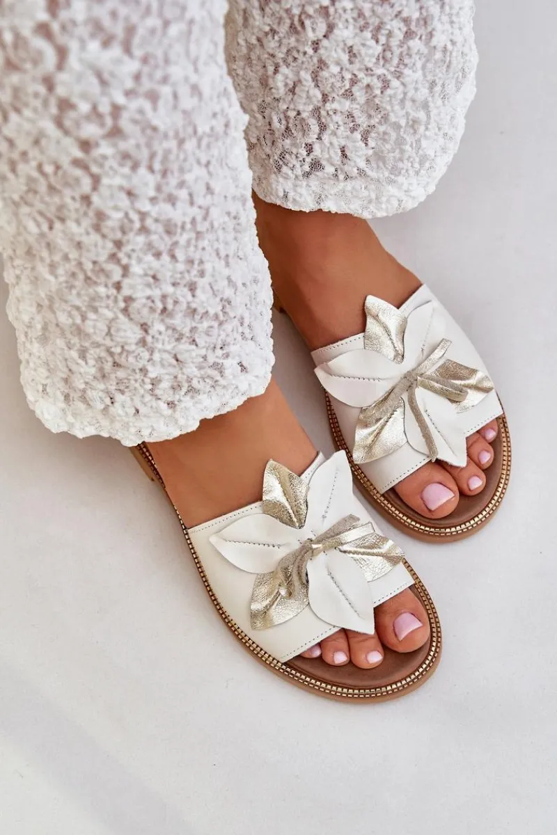 Klapki Damskie Klasyczne>Boto Klapki Z Ozdobą Skóra Naturalna Zazoo 3667 Białe Biały