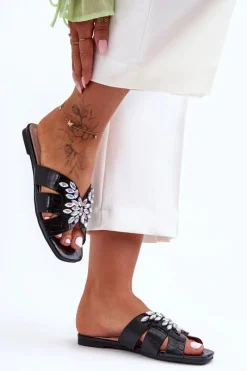 Outlet Klapki Z Ozdobnymi Kamieniami S.Barski 617-22 Czarne Damskie Klapki Damskie Klasyczne