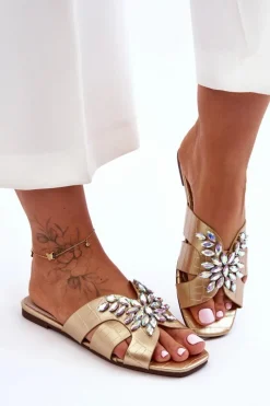 Klapki Damskie Klasyczne>Damskie buty S.Barski Klapki Z Ozdobnymi Kamieniami S.Barski 617-22 Złote