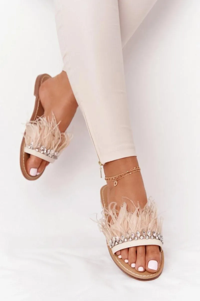 Klapki Damskie Klasyczne>Boto Klapki Z Piórami Lu Boo Beżowe