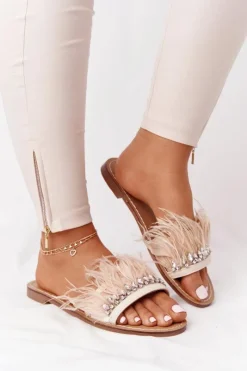 Klapki Damskie Klasyczne>Boto Klapki Z Piórami Lu Boo Beżowe