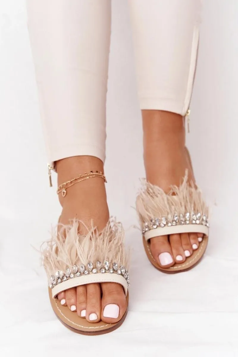 Klapki Damskie Klasyczne>Boto Klapki Z Piórami Lu Boo Beżowe