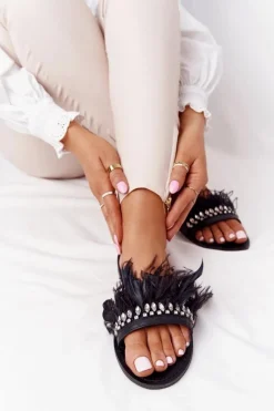 Discount Boto Klapki Z Piórami Lu Boo Czarne