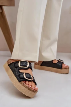 Klapki Korkowe|Klapki Na Platformie>Boto Klapki Z Plecionką I Klamrami Na Masywnej Platformie Czarne Aralissea Czarny