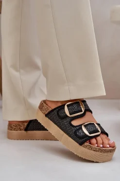 Klapki Korkowe|Klapki Na Platformie>Boto Klapki Z Plecionką I Klamrami Na Masywnej Platformie Czarne Aralissea Czarny