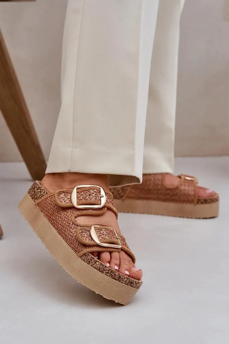 Boto Klapki Z Plecionką I Klamrami Na Masywnej Platformie Camel Aralissea