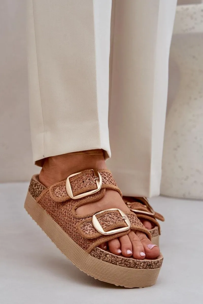 Boto Klapki Z Plecionką I Klamrami Na Masywnej Platformie Camel Aralissea