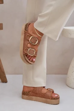 Boto Klapki Z Plecionką I Klamrami Na Masywnej Platformie Camel Aralissea