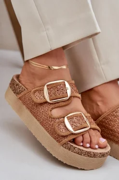 Boto Klapki Z Plecionką I Klamrami Na Masywnej Platformie Camel Aralissea