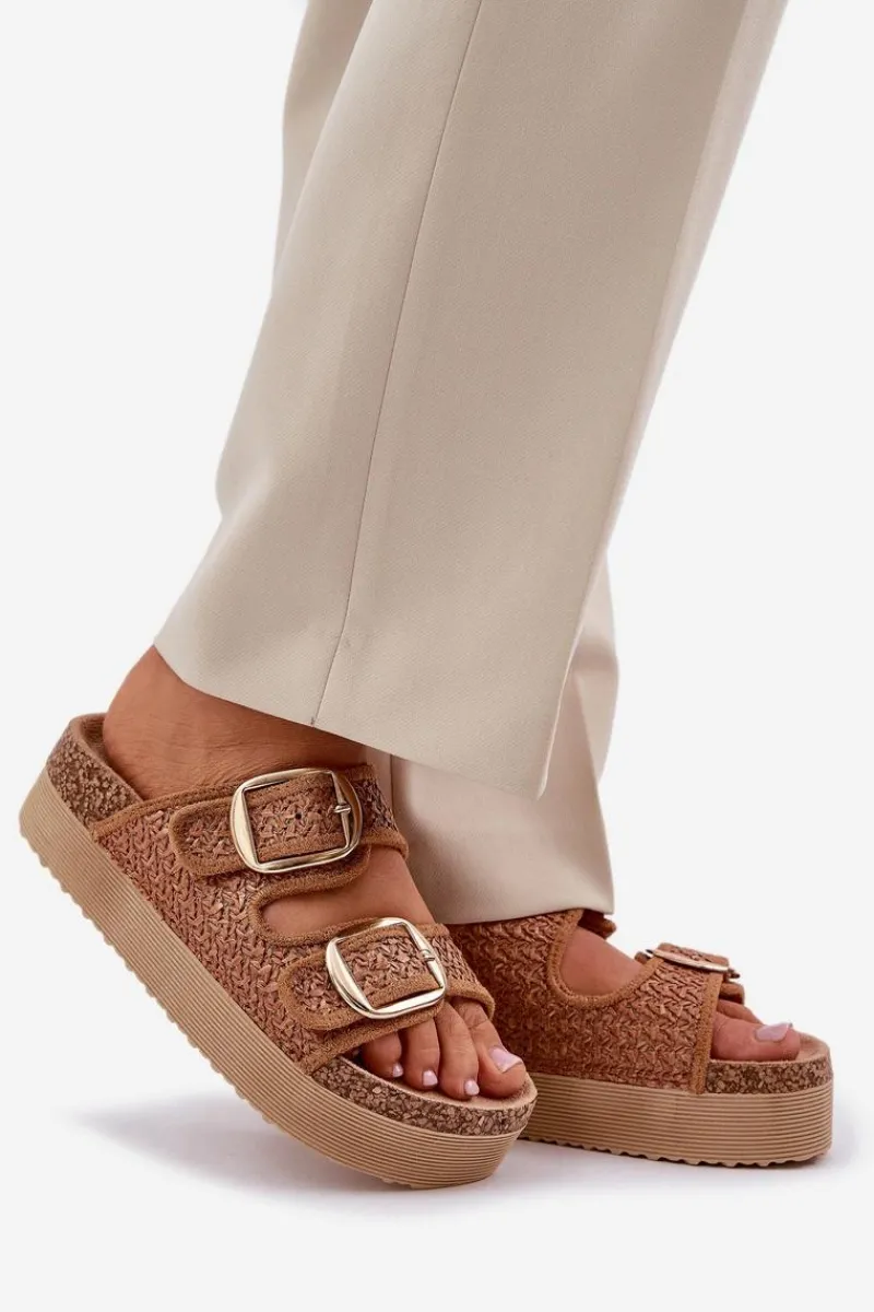 Boto Klapki Z Plecionką I Klamrami Na Masywnej Platformie Camel Aralissea