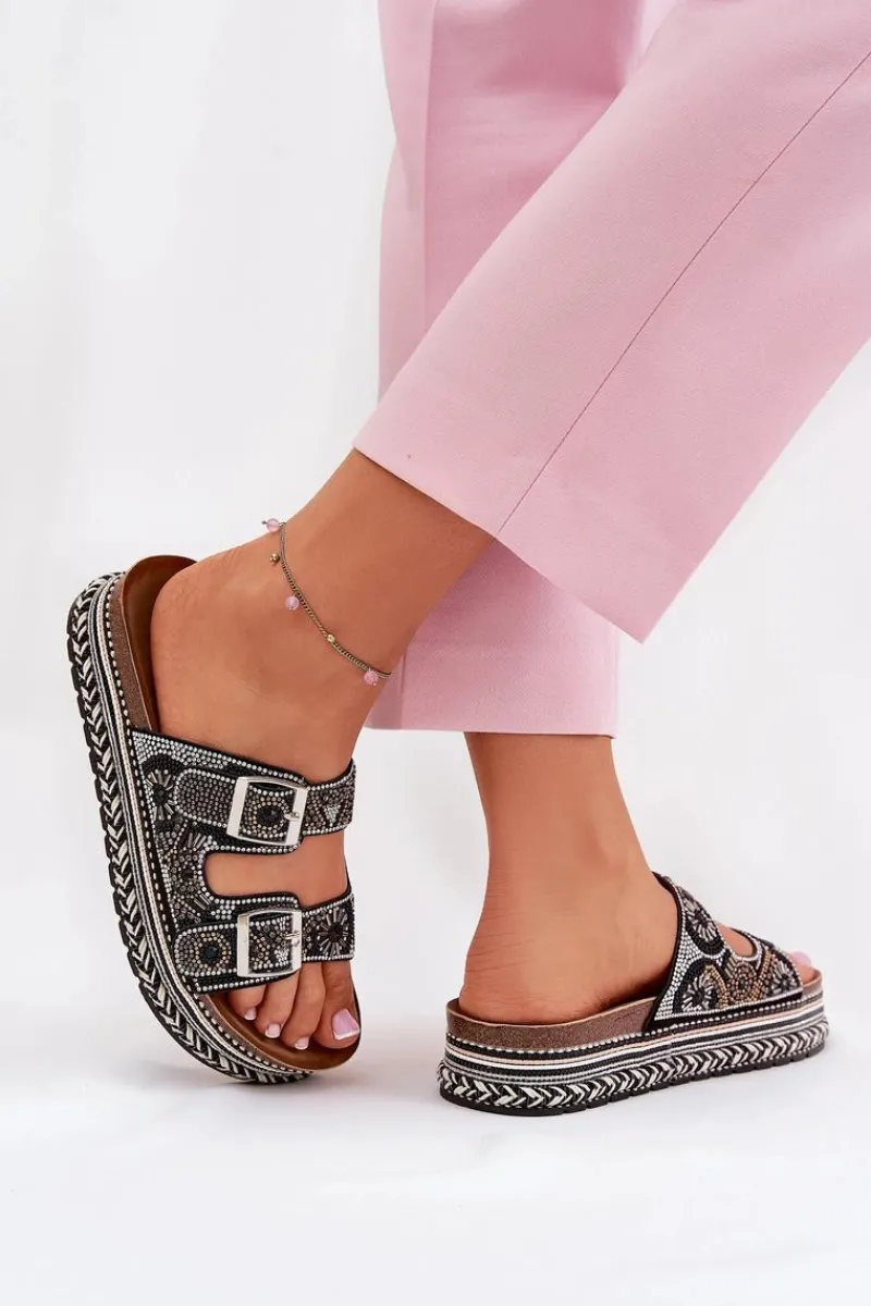 Best Boto Klapki Ze Zdobieniem I Klamrami Na Platformie Czarne Mellene Czarny