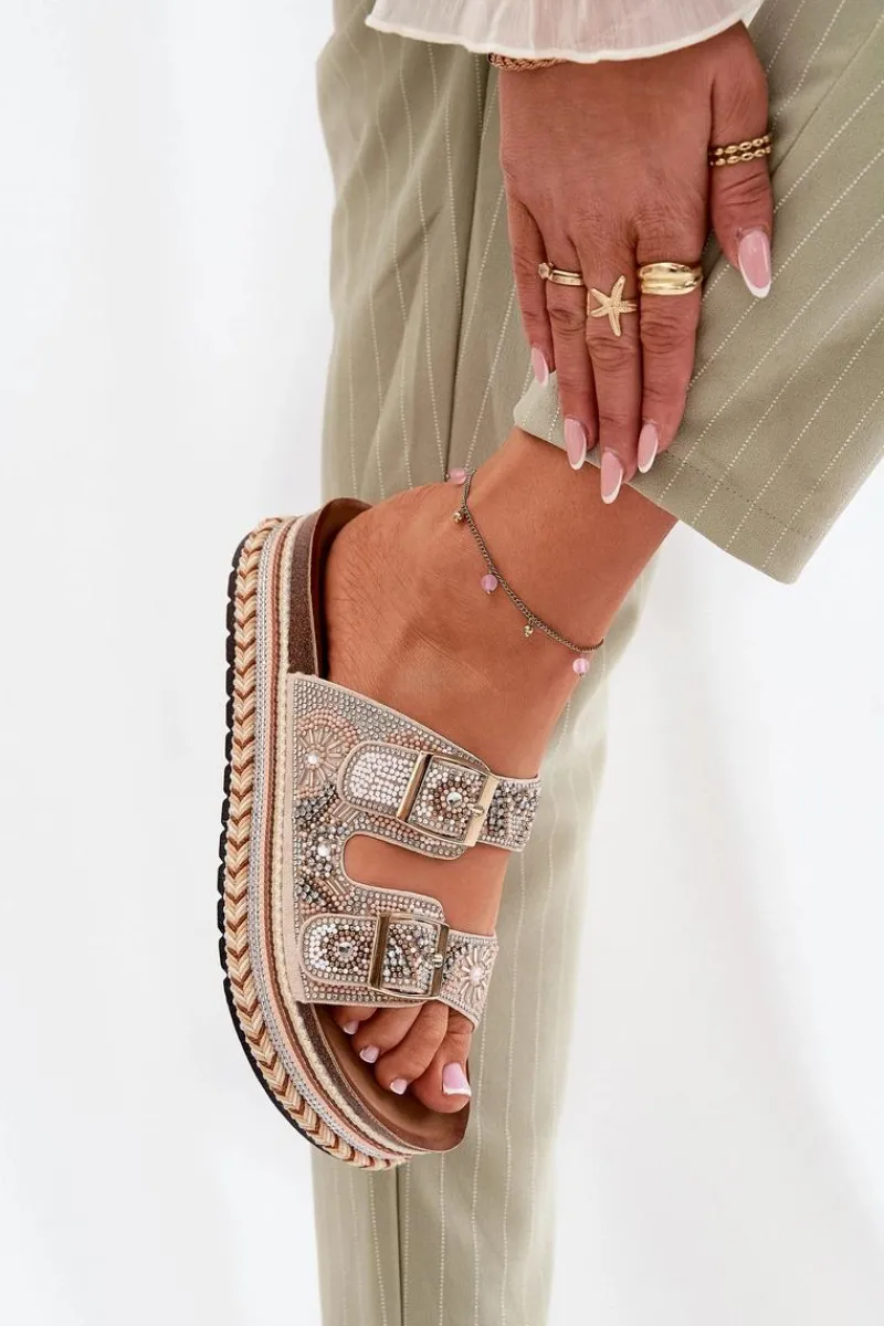 Discount Klapki Ze Zdobieniem I Klamrami Na Platformie Złote Mellene Damskie Klapki Na Platformie|Klapki Damskie Klasyczne