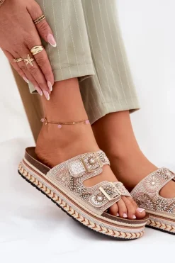 Discount Klapki Ze Zdobieniem I Klamrami Na Platformie Złote Mellene Damskie Klapki Na Platformie|Klapki Damskie Klasyczne