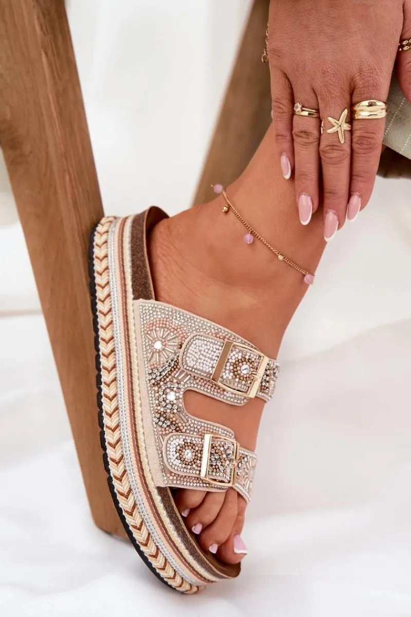 Discount Klapki Ze Zdobieniem I Klamrami Na Platformie Złote Mellene Damskie Klapki Na Platformie|Klapki Damskie Klasyczne