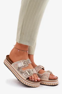 Discount Klapki Ze Zdobieniem I Klamrami Na Platformie Złote Mellene Damskie Klapki Na Platformie|Klapki Damskie Klasyczne