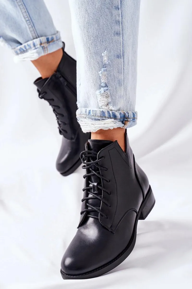 Discount Klasyczne Botki Damskie Sztyblety S. Barski Bello Damskie Botki Sznurowane|Czarne Botki