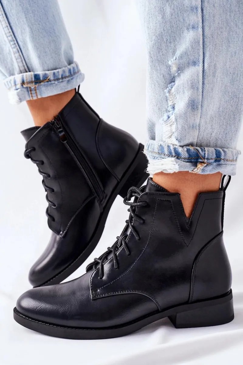 Discount Klasyczne Botki Damskie Sztyblety S. Barski Bello Damskie Botki Sznurowane|Czarne Botki