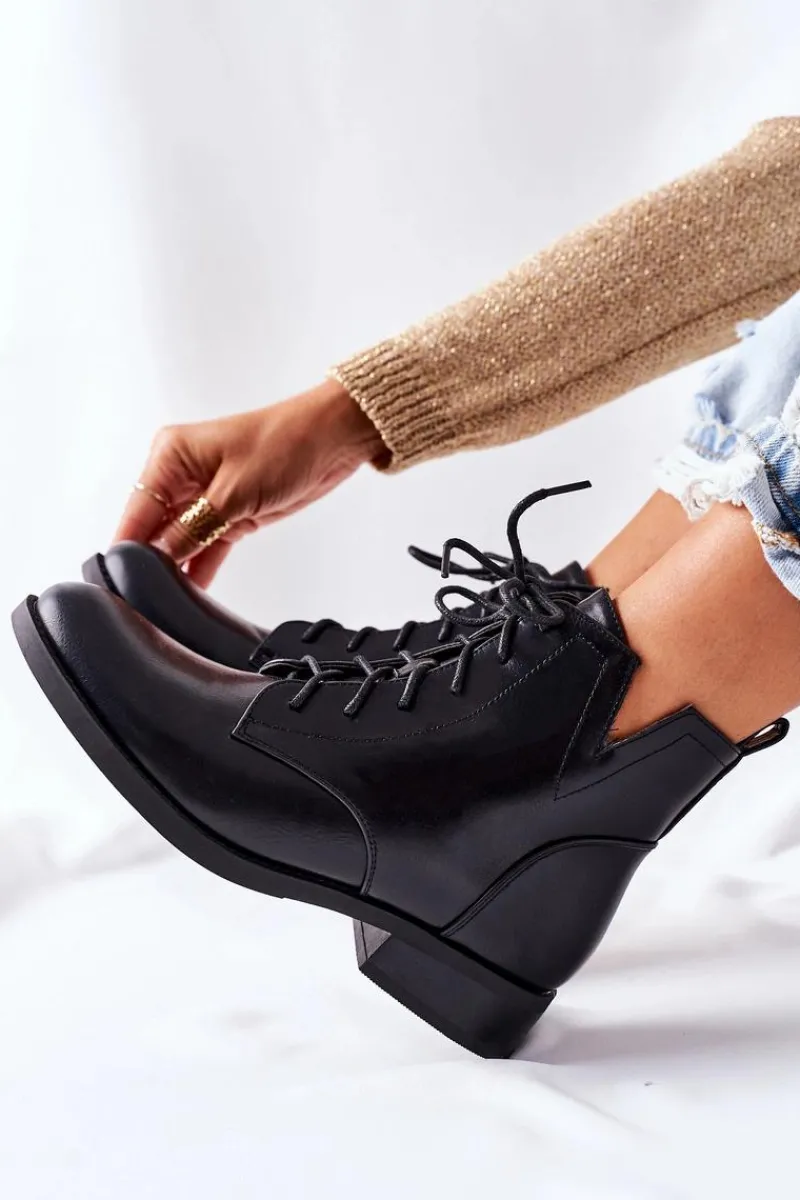 Discount Klasyczne Botki Damskie Sztyblety S. Barski Bello Damskie Botki Sznurowane|Czarne Botki