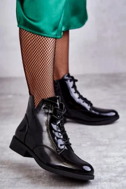 Outlet Klasyczne Botki Lakierowane Damskie Sztyblety Bello Damskie Botki Sznurowane|Czarne Botki