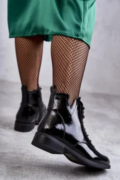 Outlet Klasyczne Botki Lakierowane Damskie Sztyblety Bello Damskie Botki Sznurowane|Czarne Botki