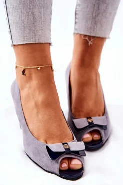 Sale Klasyczne Czółenka Na Koturnie 0500-M12 Szare Damskie Czółenka Zamszowe|Czółenka Klasyczne