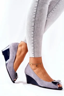 Sale Klasyczne Czółenka Na Koturnie 0500-M12 Szare Damskie Czółenka Zamszowe|Czółenka Klasyczne