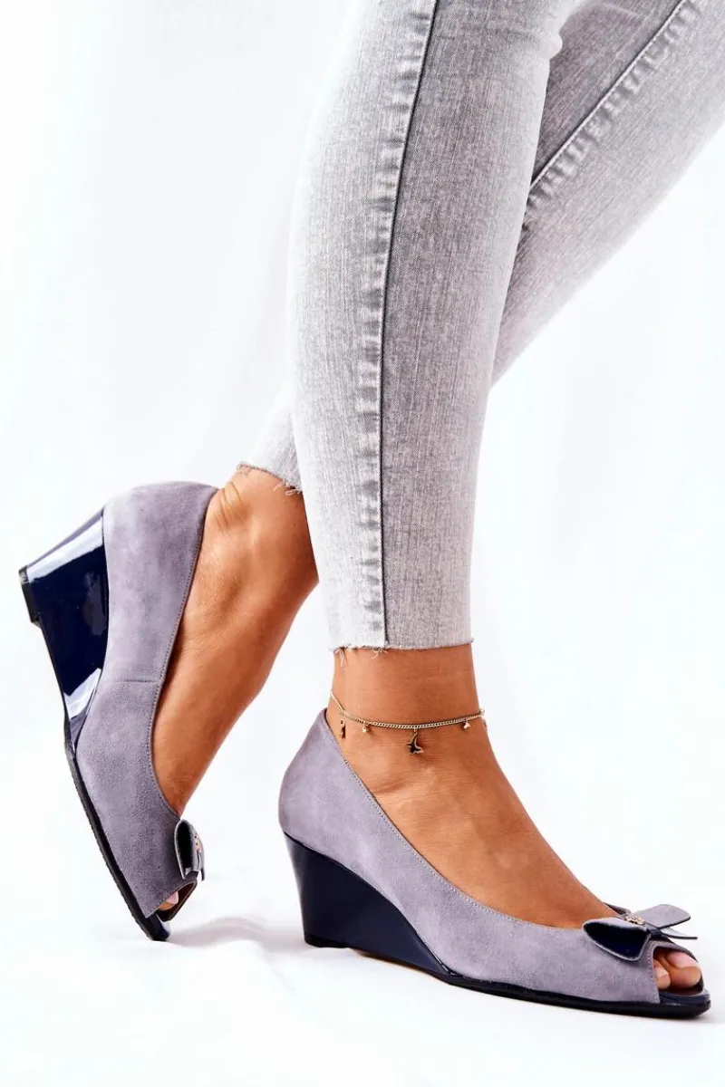 Sale Klasyczne Czółenka Na Koturnie 0500-M12 Szare Damskie Czółenka Zamszowe|Czółenka Klasyczne