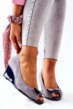 Sale Klasyczne Czółenka Na Koturnie 0500-M12 Szare Damskie Czółenka Zamszowe|Czółenka Klasyczne