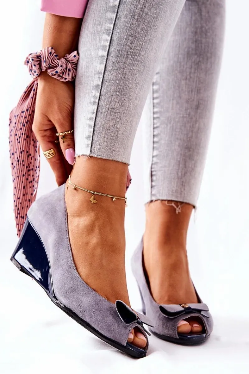 Sale Klasyczne Czółenka Na Koturnie 0500-M12 Szare Damskie Czółenka Zamszowe|Czółenka Klasyczne