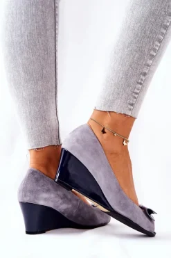 Sale Klasyczne Czółenka Na Koturnie 0500-M12 Szare Damskie Czółenka Zamszowe|Czółenka Klasyczne