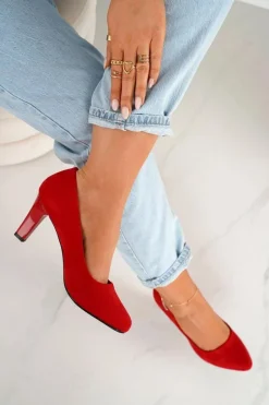 Hot Boto Klasyczne Czółenka Na Słupku Zamszowe Czerwone Eleanor