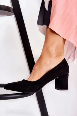 Hot Klasyczne Czółenka Zamszowe Na Słupku Czarne Lency Damskie Czółenka Zamszowe|Czółenka Na Słupku