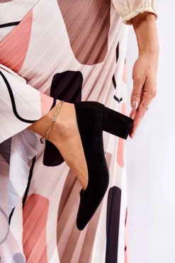 Hot Klasyczne Czółenka Zamszowe Na Słupku Czarne Lency Damskie Czółenka Zamszowe|Czółenka Na Słupku