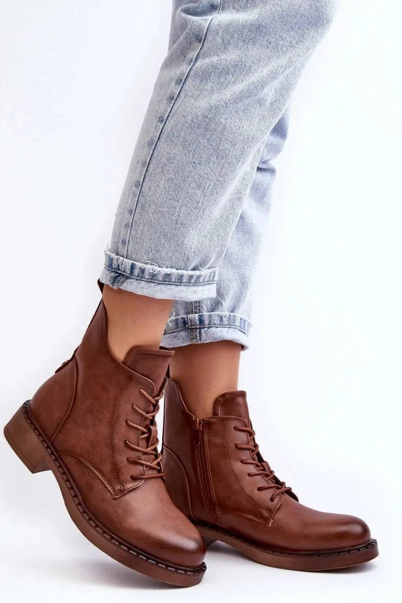 Botki Sznurowane|Brązowe I Beżowe Botki>Evento Klasyczne Damskie Botki Na Płaskim Obcasie Brązowe Ballisa