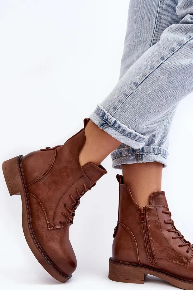 Botki Sznurowane|Brązowe I Beżowe Botki>Evento Klasyczne Damskie Botki Na Płaskim Obcasie Brązowe Ballisa