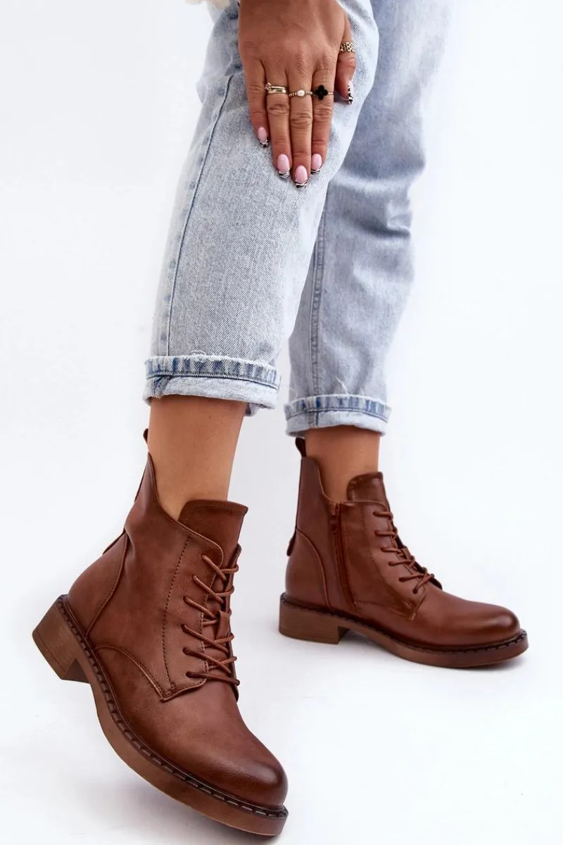 Botki Sznurowane|Brązowe I Beżowe Botki>Evento Klasyczne Damskie Botki Na Płaskim Obcasie Brązowe Ballisa