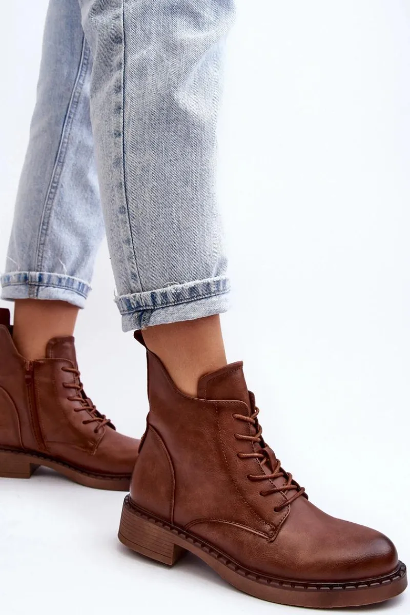 Botki Sznurowane|Brązowe I Beżowe Botki>Evento Klasyczne Damskie Botki Na Płaskim Obcasie Brązowe Ballisa