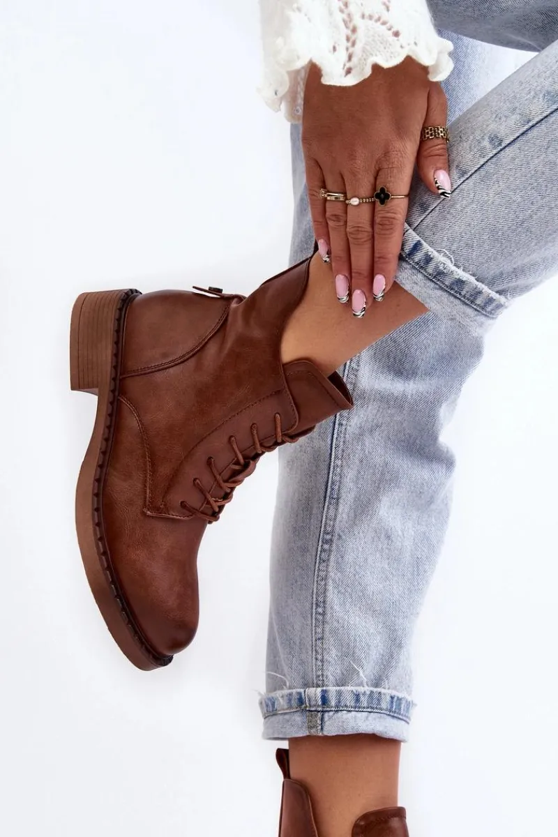 Botki Sznurowane|Brązowe I Beżowe Botki>Evento Klasyczne Damskie Botki Na Płaskim Obcasie Brązowe Ballisa