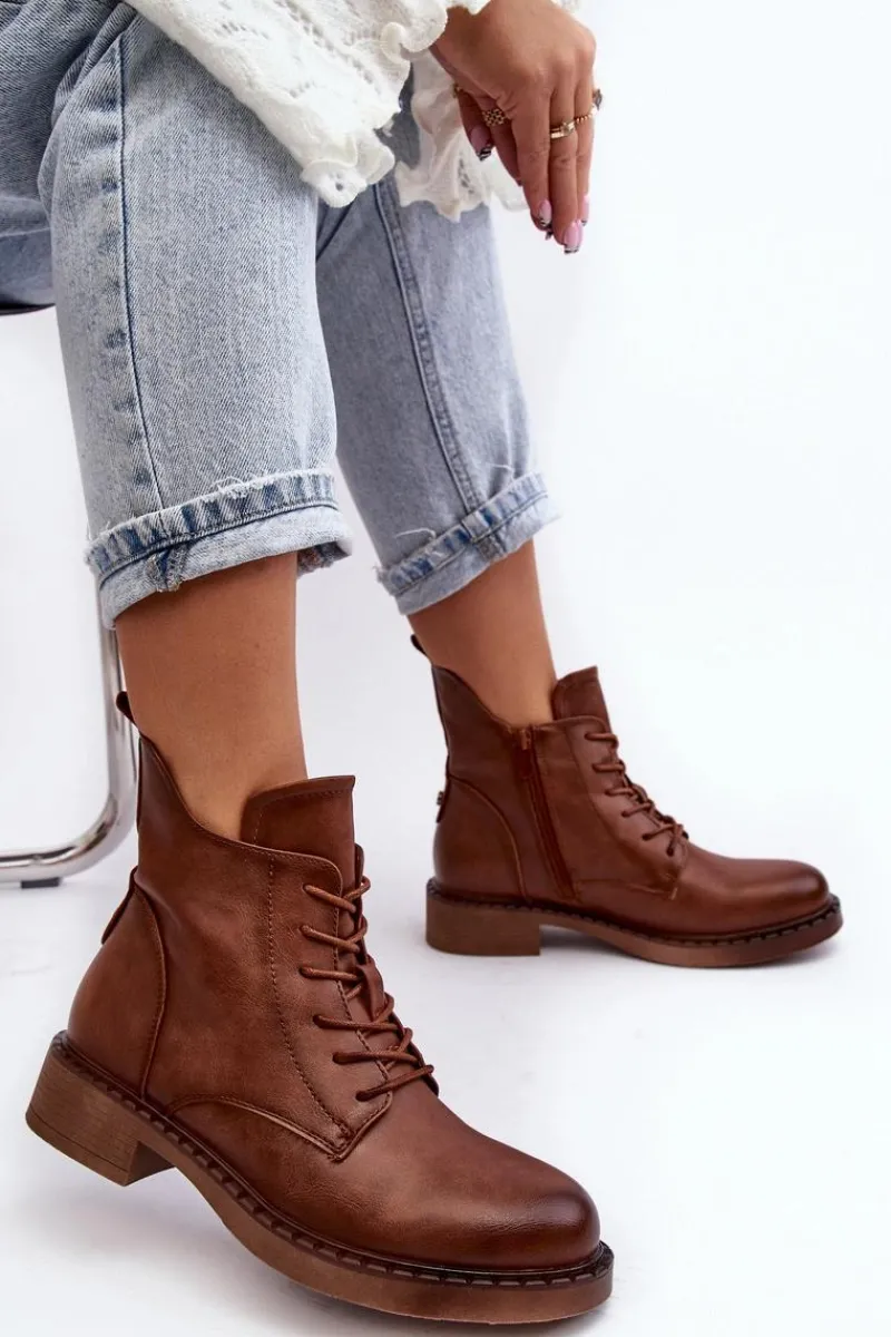 Botki Sznurowane|Brązowe I Beżowe Botki>Evento Klasyczne Damskie Botki Na Płaskim Obcasie Brązowe Ballisa