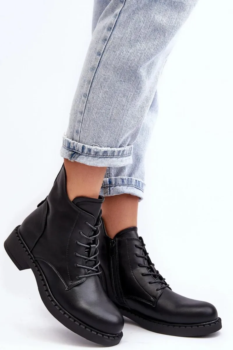 Botki Sznurowane|Czarne Botki>Evento Klasyczne Damskie Botki Na Płaskim Obcasie Czarne Ballisa