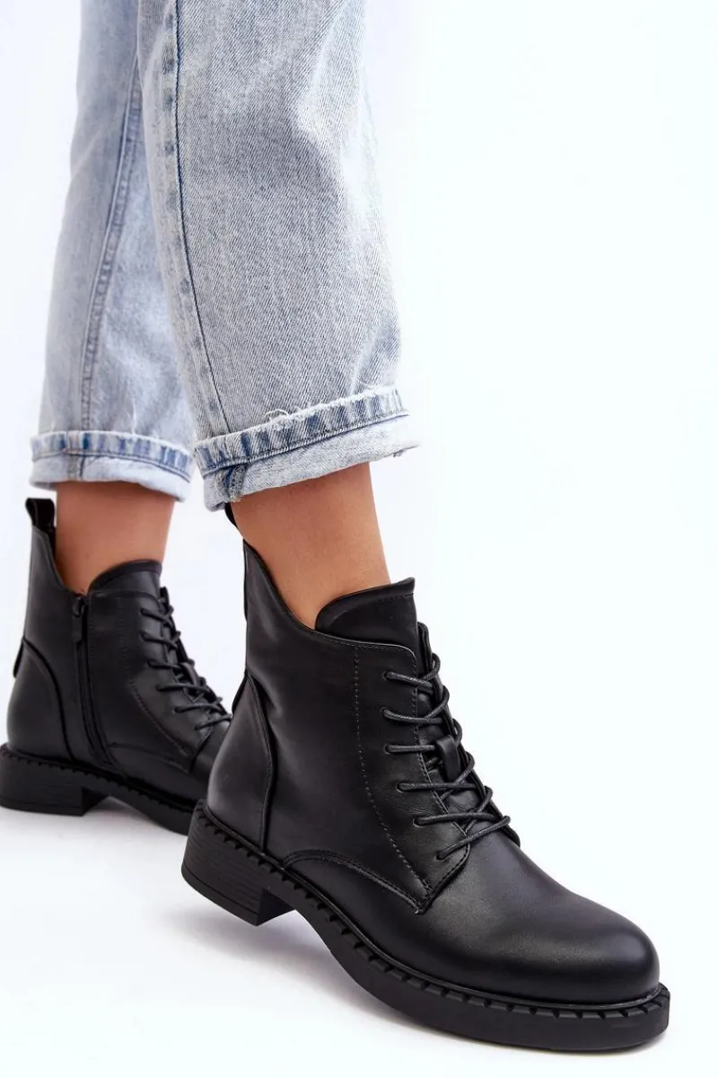 Botki Sznurowane|Czarne Botki>Evento Klasyczne Damskie Botki Na Płaskim Obcasie Czarne Ballisa