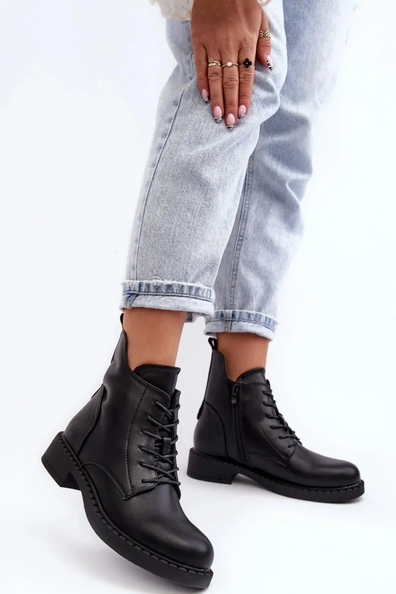 Botki Sznurowane|Czarne Botki>Evento Klasyczne Damskie Botki Na Płaskim Obcasie Czarne Ballisa