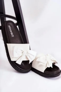 Outlet Boto Klasyczne Damskie Klapki Skórzane Z Kokardą Białe Dessy