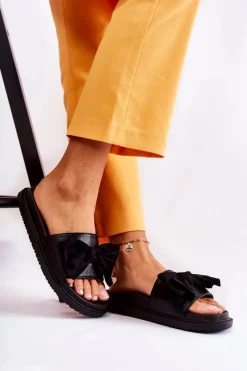 New Klasyczne Damskie Klapki Skórzane Z Kokardą Czarne Dessy Damskie Klapki Damskie Klasyczne