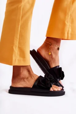 New Klasyczne Damskie Klapki Skórzane Z Kokardą Czarne Dessy Damskie Klapki Damskie Klasyczne