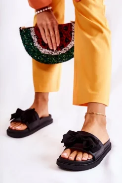 New Klasyczne Damskie Klapki Skórzane Z Kokardą Czarne Dessy Damskie Klapki Damskie Klasyczne