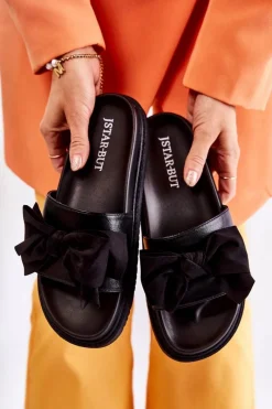 New Klasyczne Damskie Klapki Skórzane Z Kokardą Czarne Dessy Damskie Klapki Damskie Klasyczne